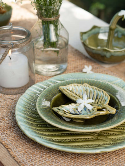 Green Platter With Leaf Dip Server