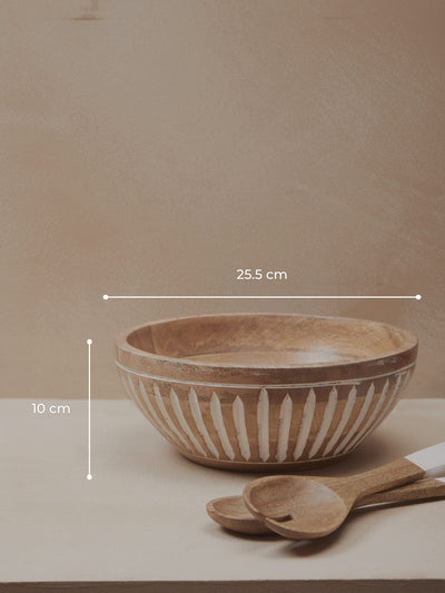 Striped Wood Salad Bowl with Spoons