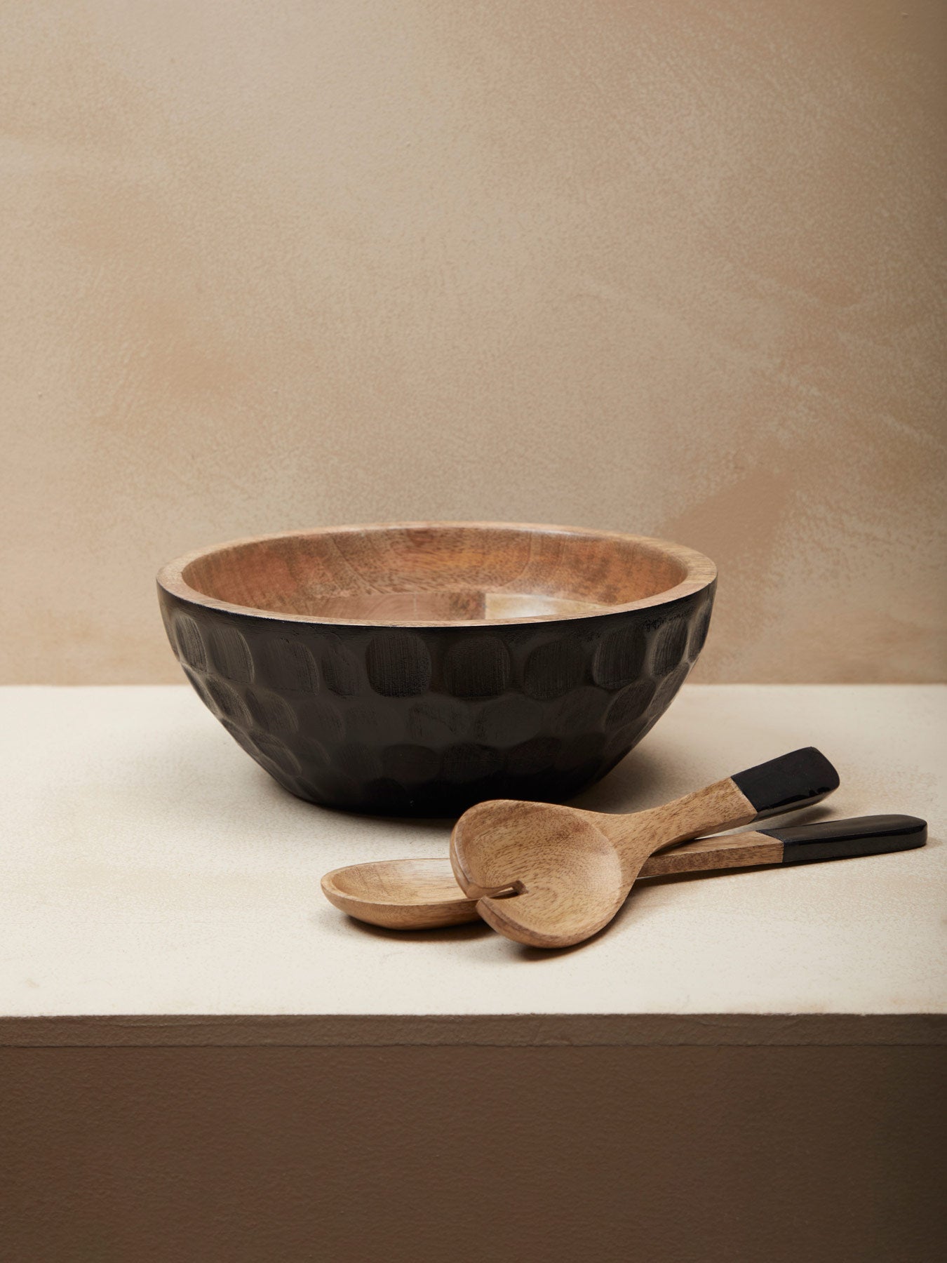 Black Wood Textured Salad Bowl with Spoons