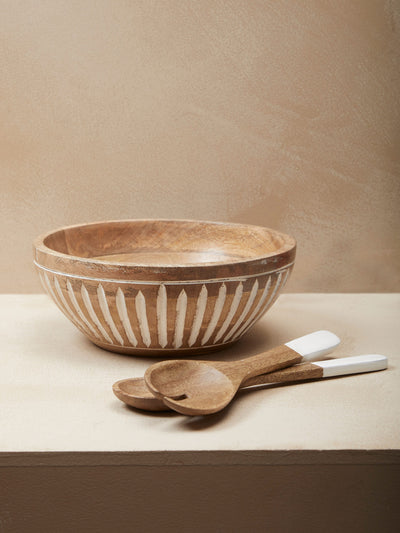 Striped Wood Salad Bowl with Spoons