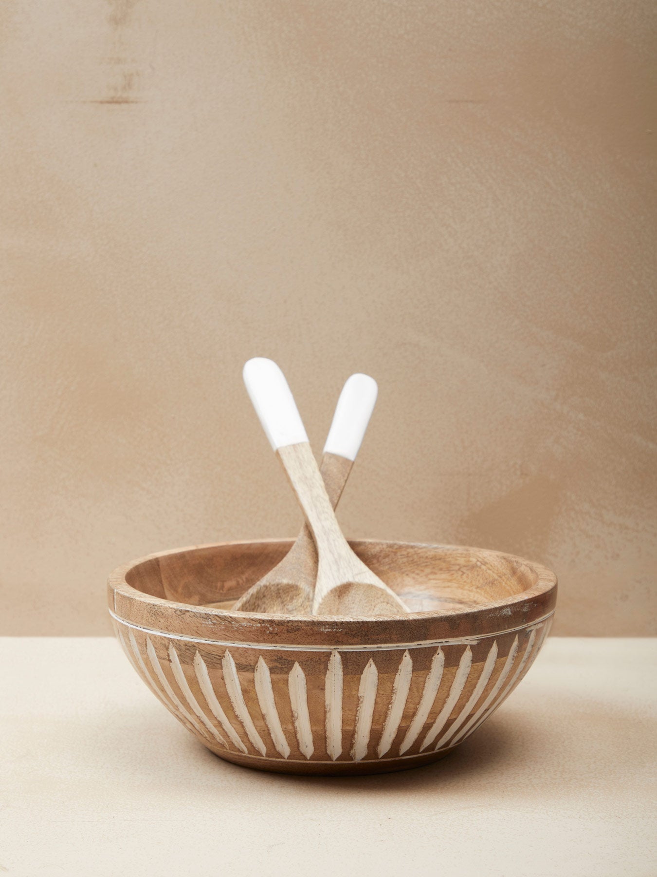 Striped Wood Salad Bowl with Spoons