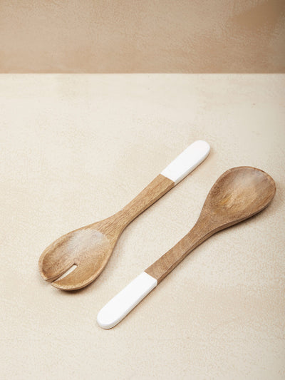 Striped Wood Salad Bowl with Spoons